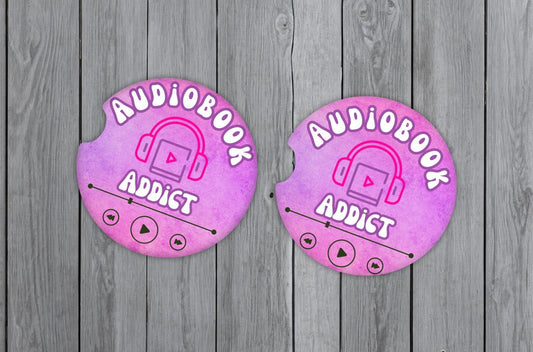 Audiobook addict car coasters, book lover gift, audiobook lover, green coasters, purple coasters, book car coasters, reader gift