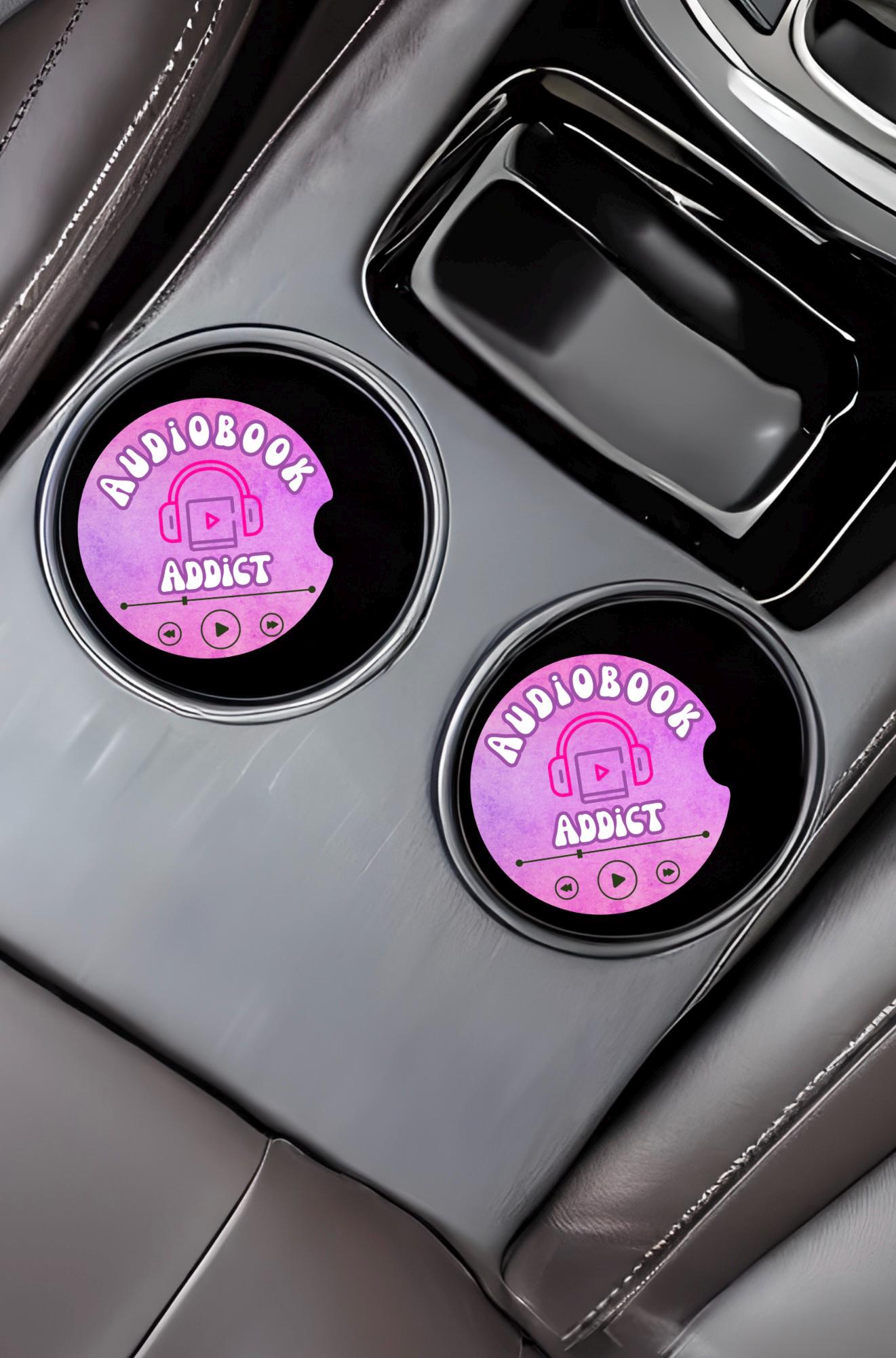 Audiobook addict car coasters, book lover gift, audiobook lover, green coasters, purple coasters, book car coasters, reader gift