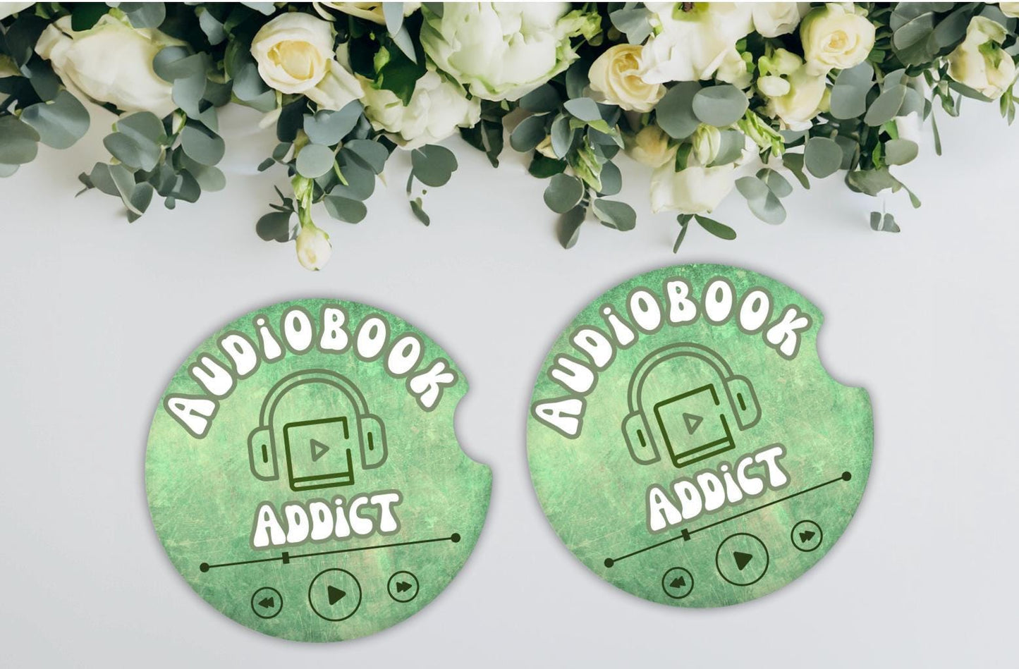 Audiobook addict car coasters, book lover gift, audiobook lover, green coasters, purple coasters, book car coasters, reader gift