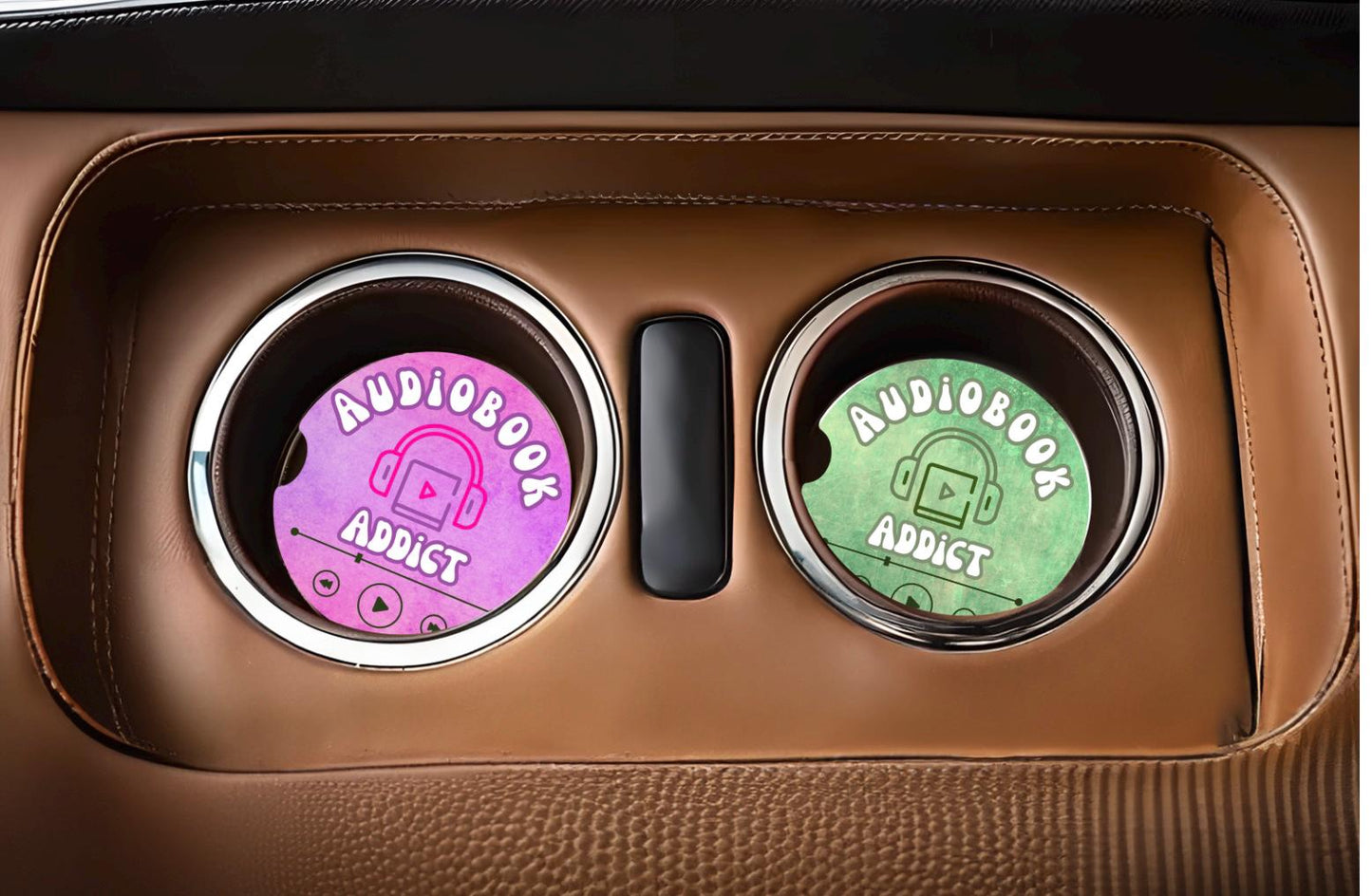 Audiobook addict car coasters, book lover gift, audiobook lover, green coasters, purple coasters, book car coasters, reader gift