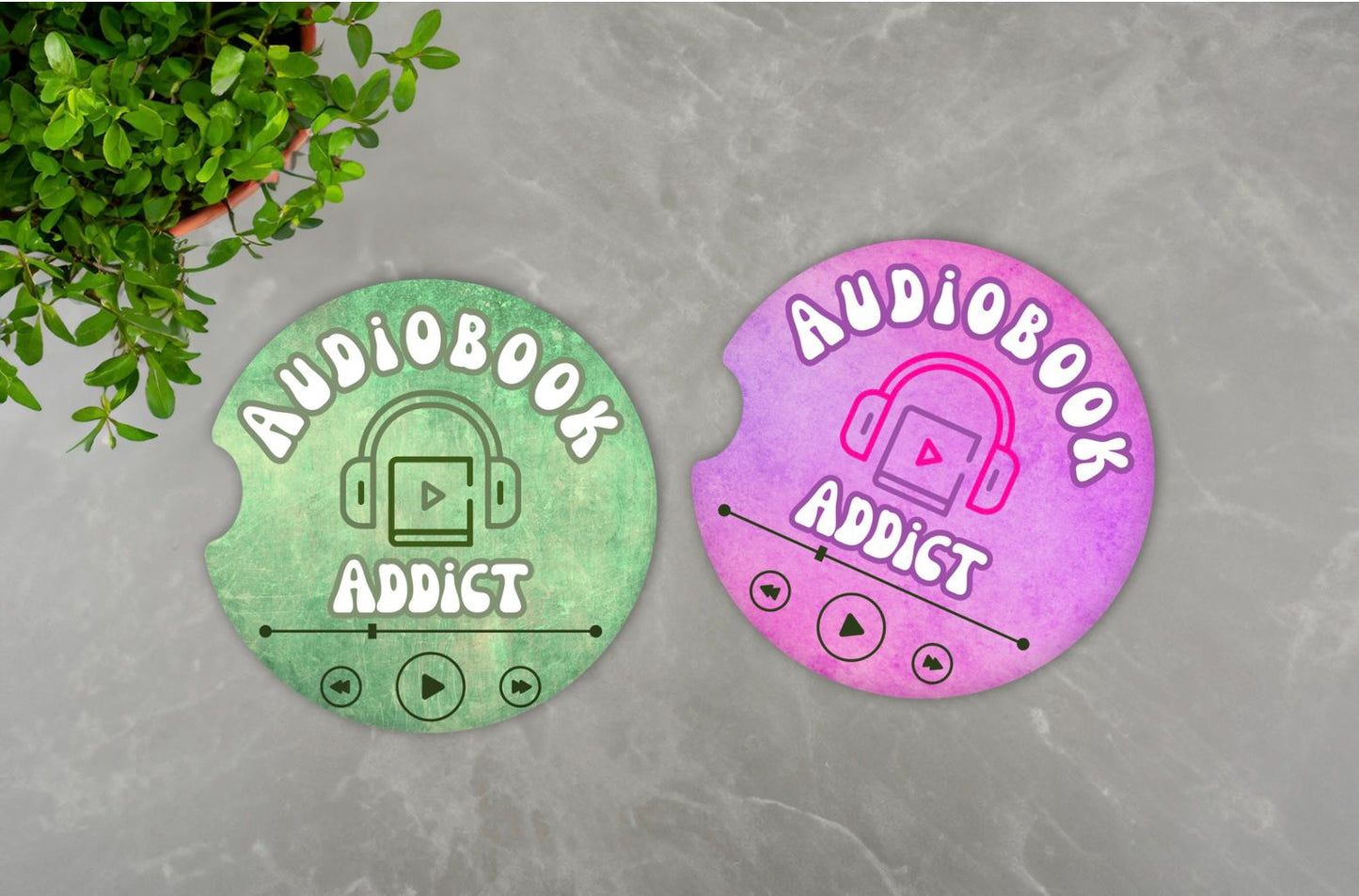 Audiobook addict car coasters, book lover gift, audiobook lover, green coasters, purple coasters, book car coasters, reader gift